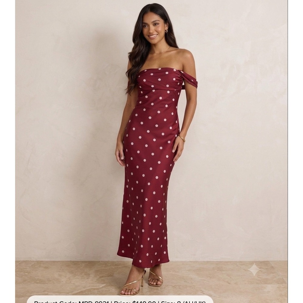 Princess Polly End Credits Red Polka Dot Off The Shoulder Maxi Dress US 2